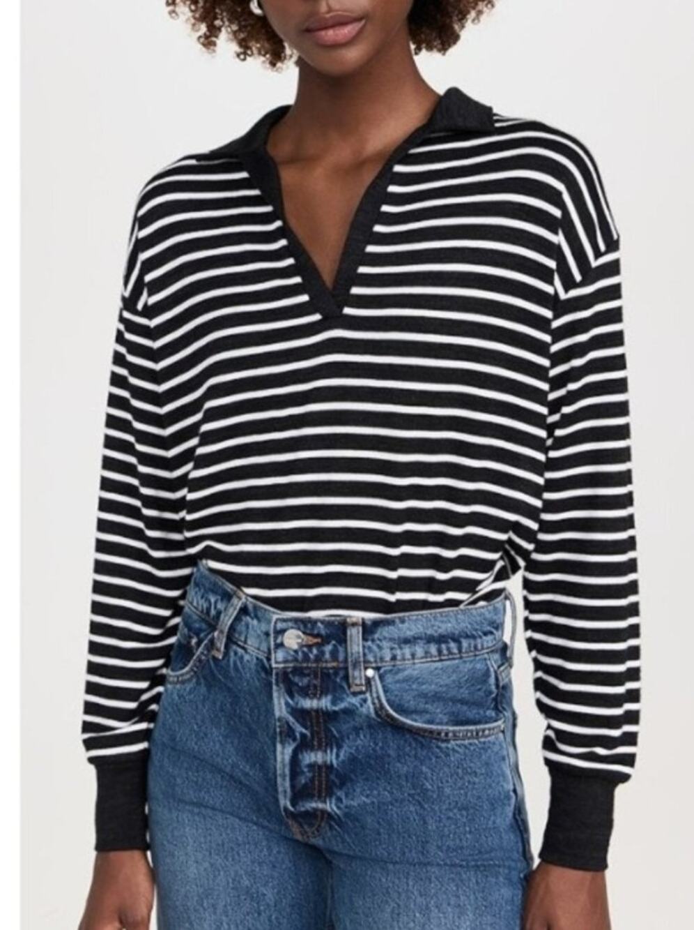 Rag & Bone Black White Striped Knit Polo Shirt L